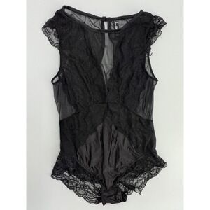 Sam Edelman Womens Black Lace Mesh Bodysuit Cap Sleeve Keyhole Back Size Large
